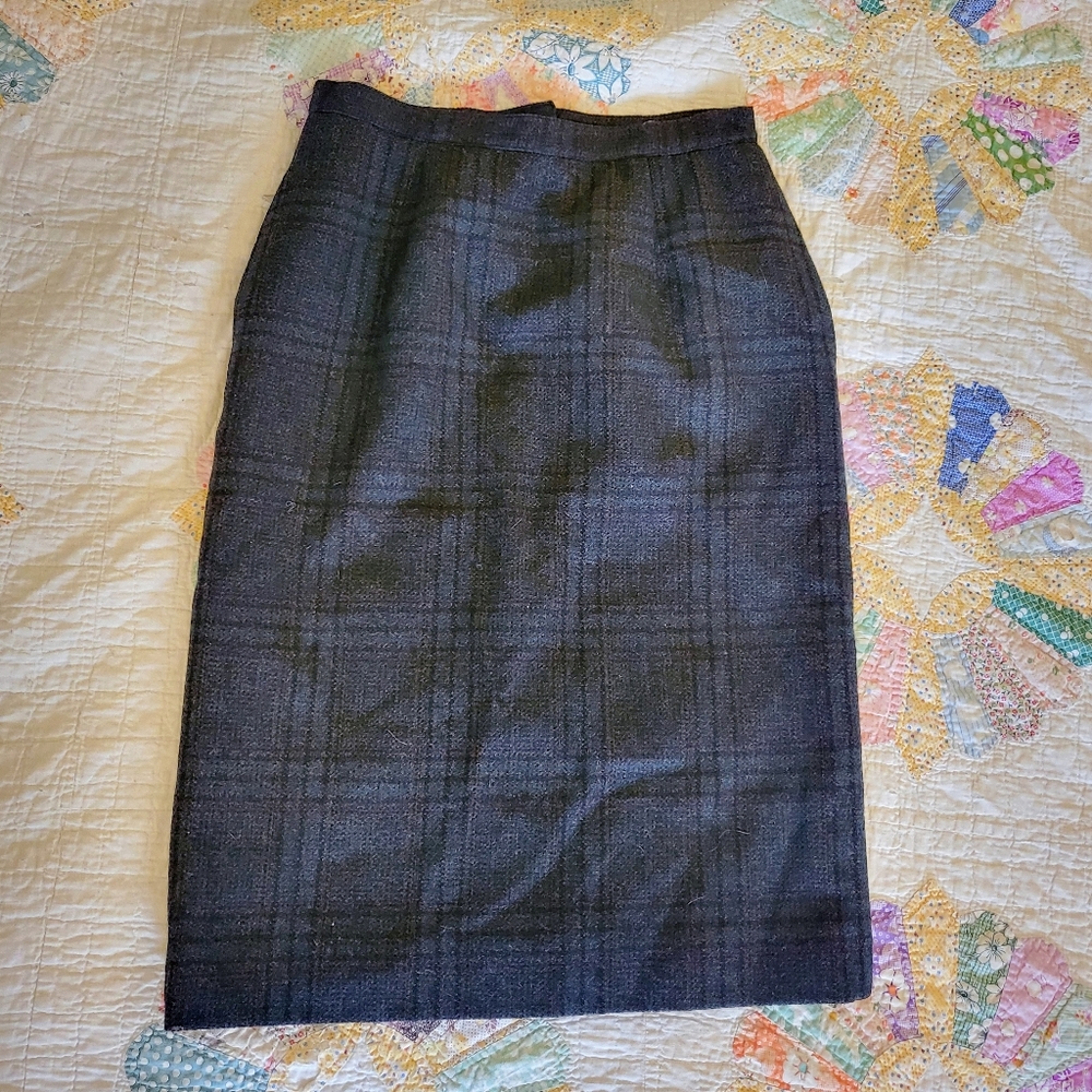 Vintage Plaid Wool Midi Pencil Skirt